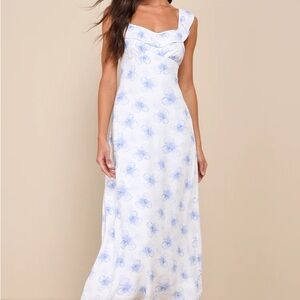 Lulu's White and Blue Floral Maxi Dress